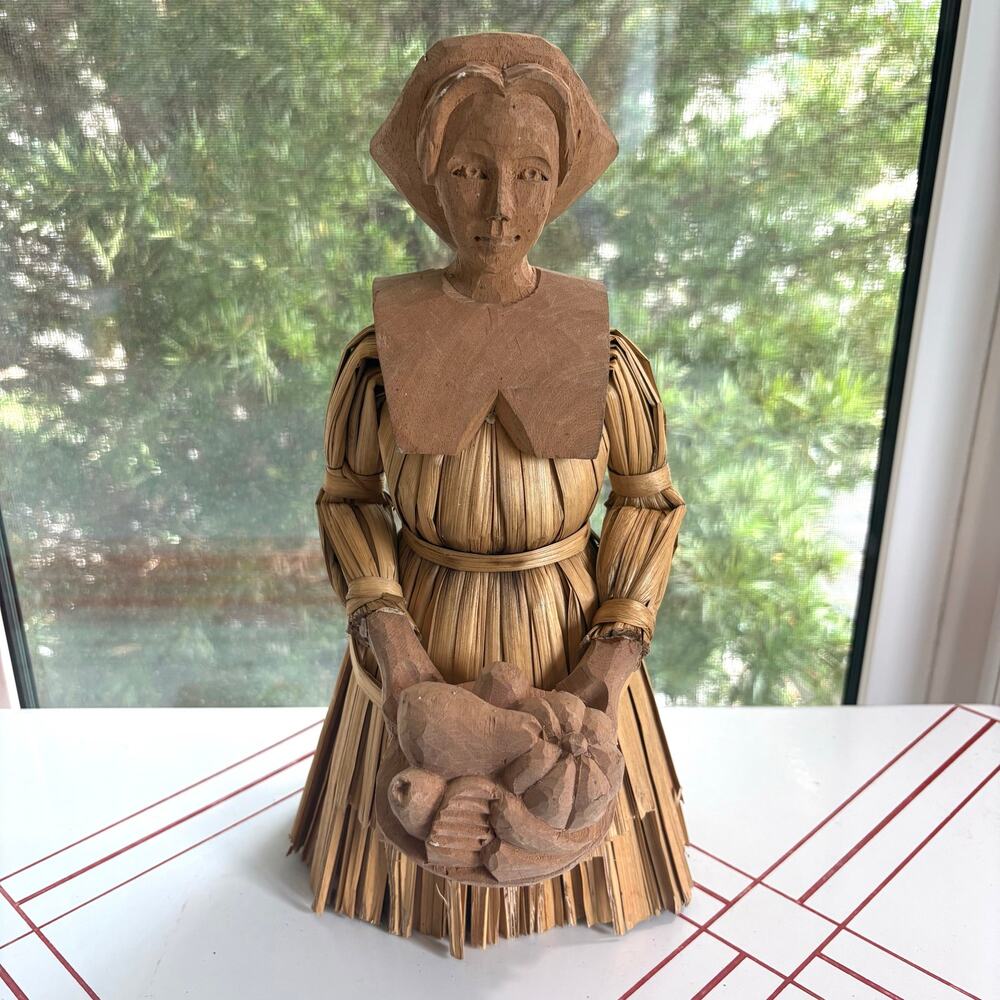 Vintage Corn Husk Wood Folk Art Harvest Woman Doll Figurine 13.5”